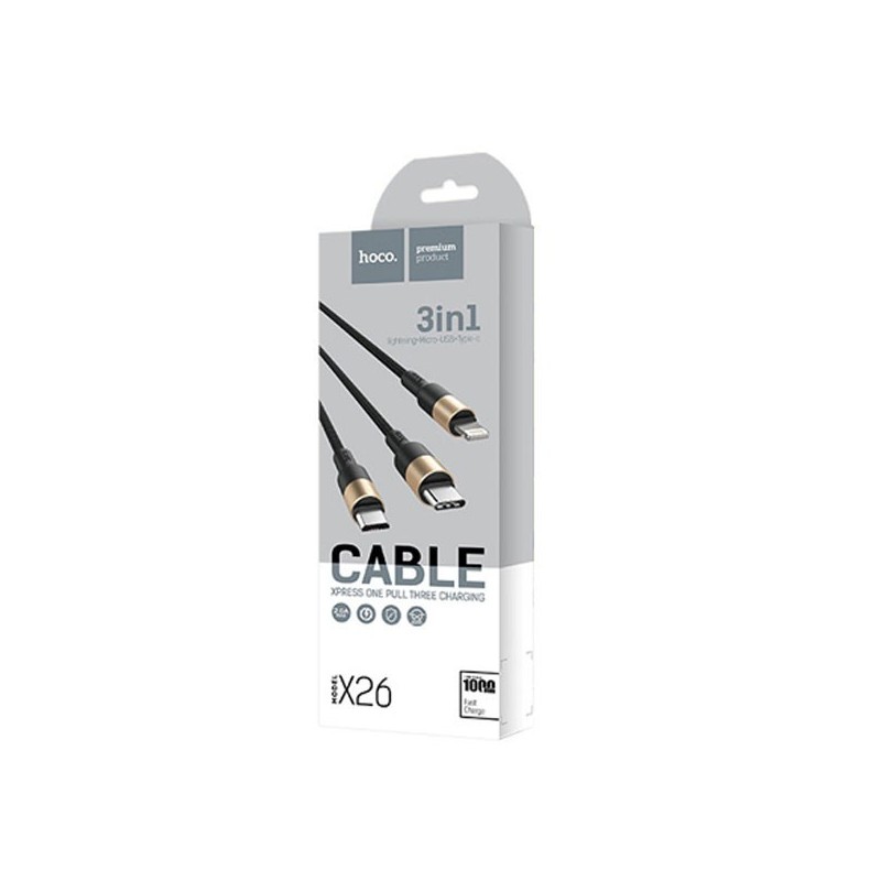 CAVO USB HOCO X26 3 in 1  LIGHTNING/MICRO/TYPE-C NERO/GOLD (BLISTERATO)