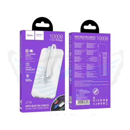 POWERBANK hoco. J118 10000mAh  2XUSB + CAVO TYPE-C + CAVO LIGHTNING 2A BIANCO