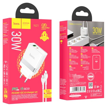 PRESA USB SUPER-CHARGE HOCO N21 DUAL PORT + CAVO TYPE-C/LIGHTNING BIANCO 5V 3A 30W (BLISTERATO)